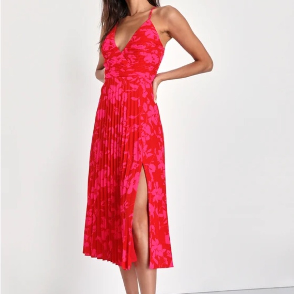 Lulus Vibrant Moment Red And Pink Floral Pleated Lace-up Midi Dress - Size XL
